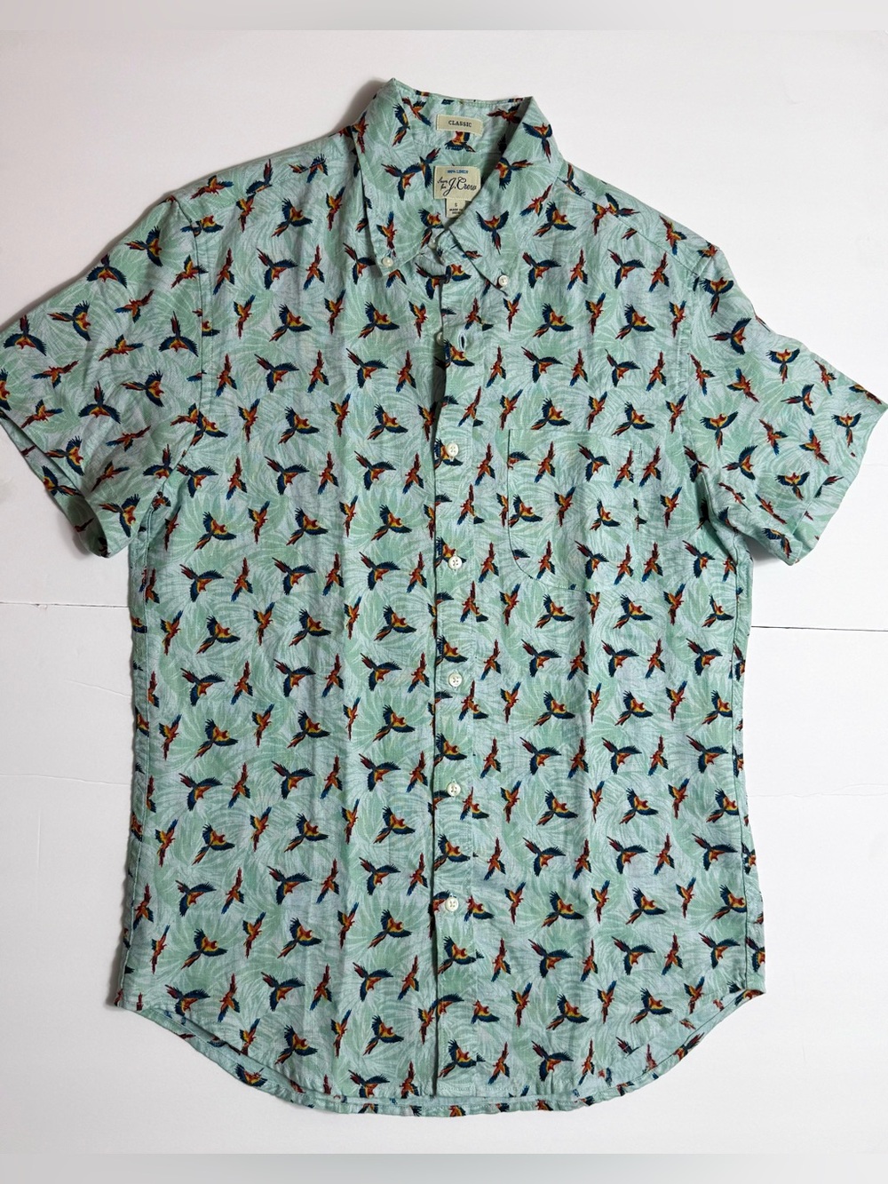 J.Crew 100% Linen Tropical Parrot Print Resort Shirt Small